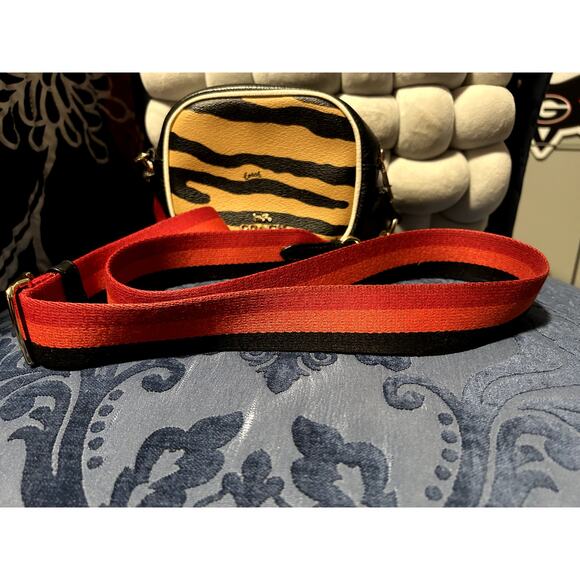 Coach Tiger Print Mini Dempsey Camera Bag with Red Orange Black Web Strap - Picture 6 of 11